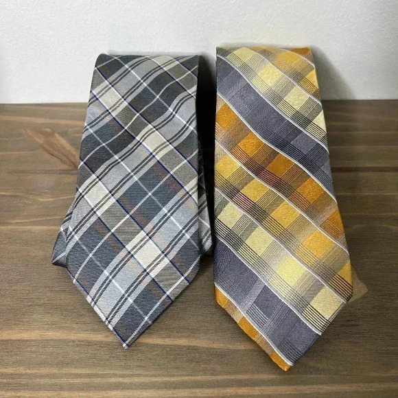2 Silk Ties - Plaid - Gray, Yellow, Orange, Blue - Stafford - Van Heusen - Suit - Picture 1 of 9